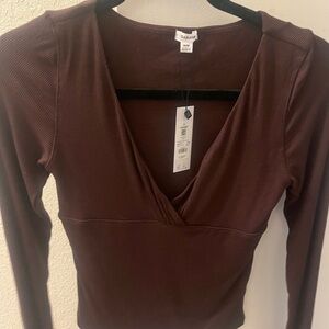 Garage Brown Ribbed Deep V-Neck Long Sleeve Top